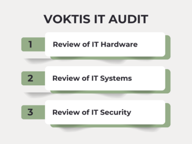 Infographic showing IT audit key review steps for hardware, systems and security.